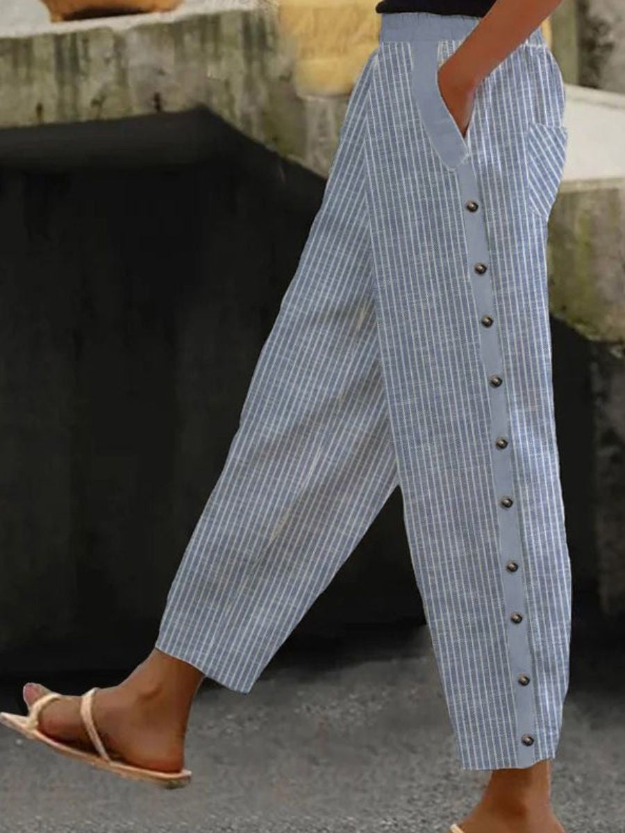 Caoimhe | Striped Button-Detail Trousers